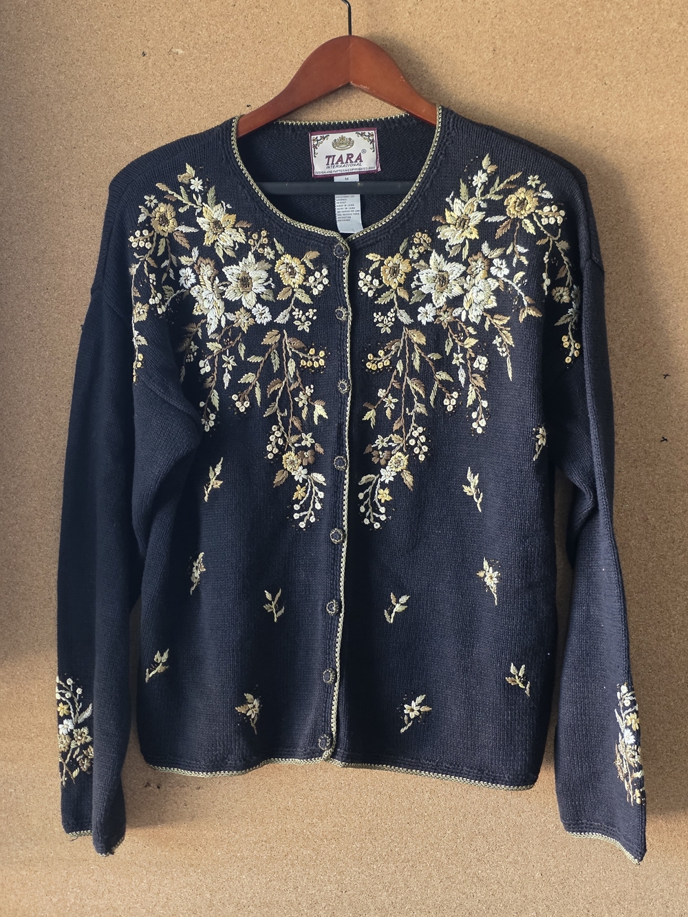 Vintage Tiara International Embroidered Beaded Floral Black Cardigan Sweater M